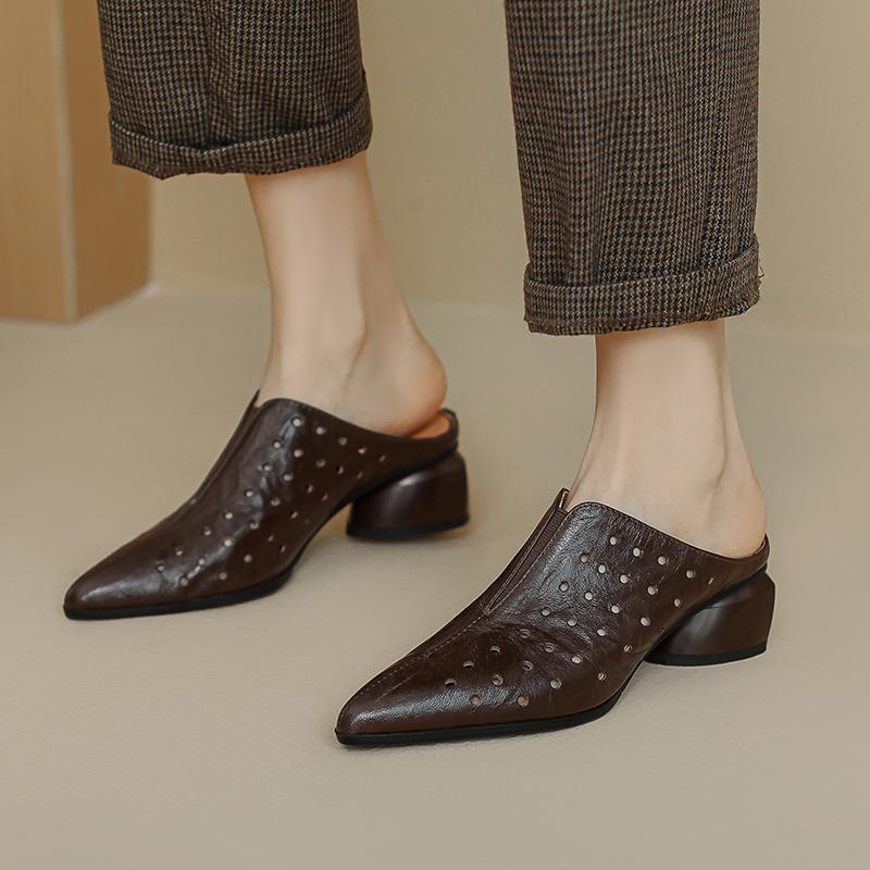 Мода 2024 Новые женские туфли-лодочки на высоком каблуке с острым носком, шлепанцы из натуральной кожи в стиле ретро, повседневная рабочая обувь для женщин, весна-лето