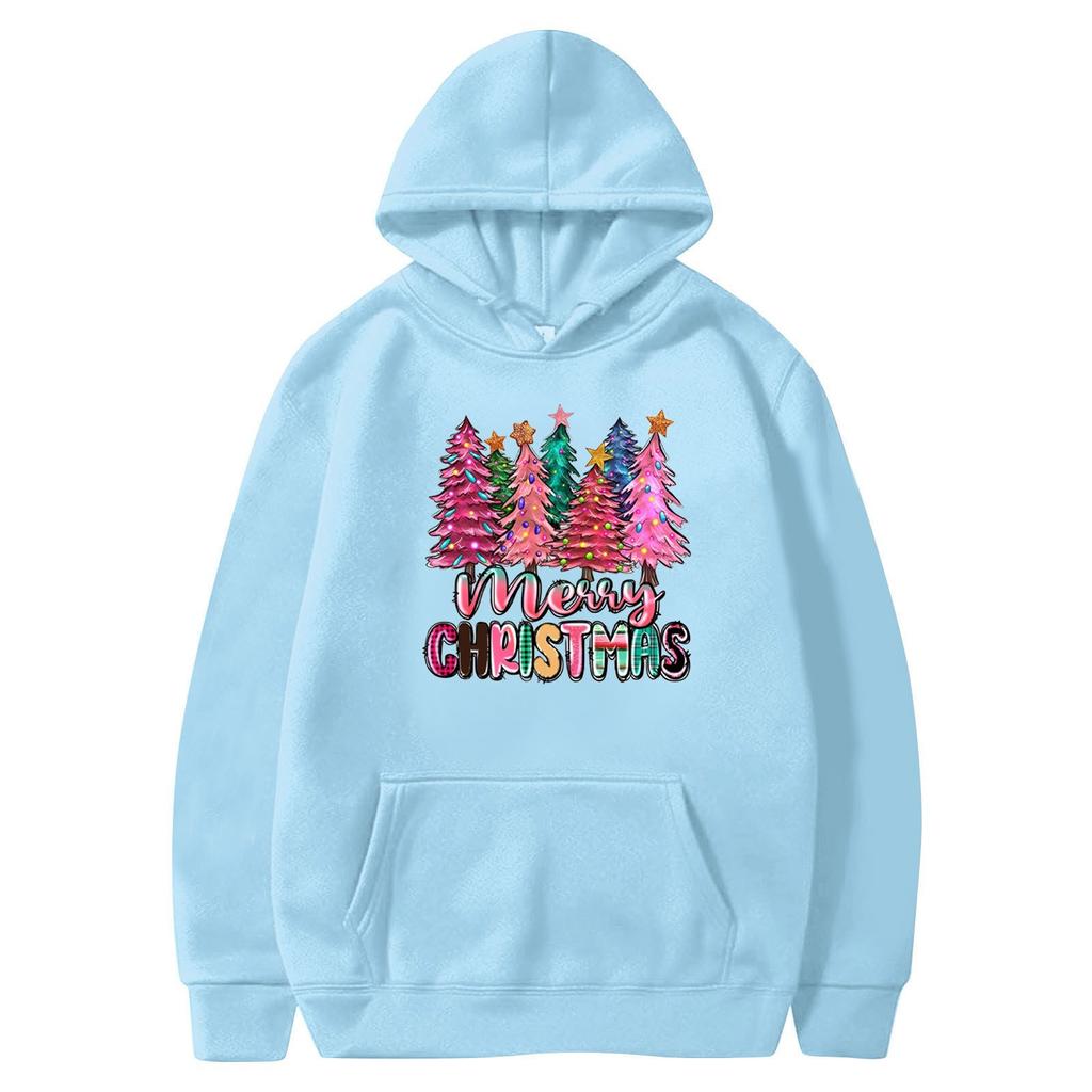 Women's Sweatshirts O-neck Long Sleeve Christmas Printed Top Solid Color Hoodie