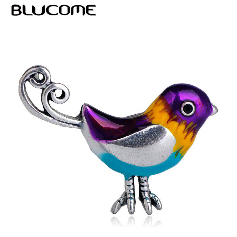 Blucome Fashion Cute Little Bird Shape Colorful Enamel Brooches Antique Silver Pins For Women Kids Scarf Suit Corsages Jewelry