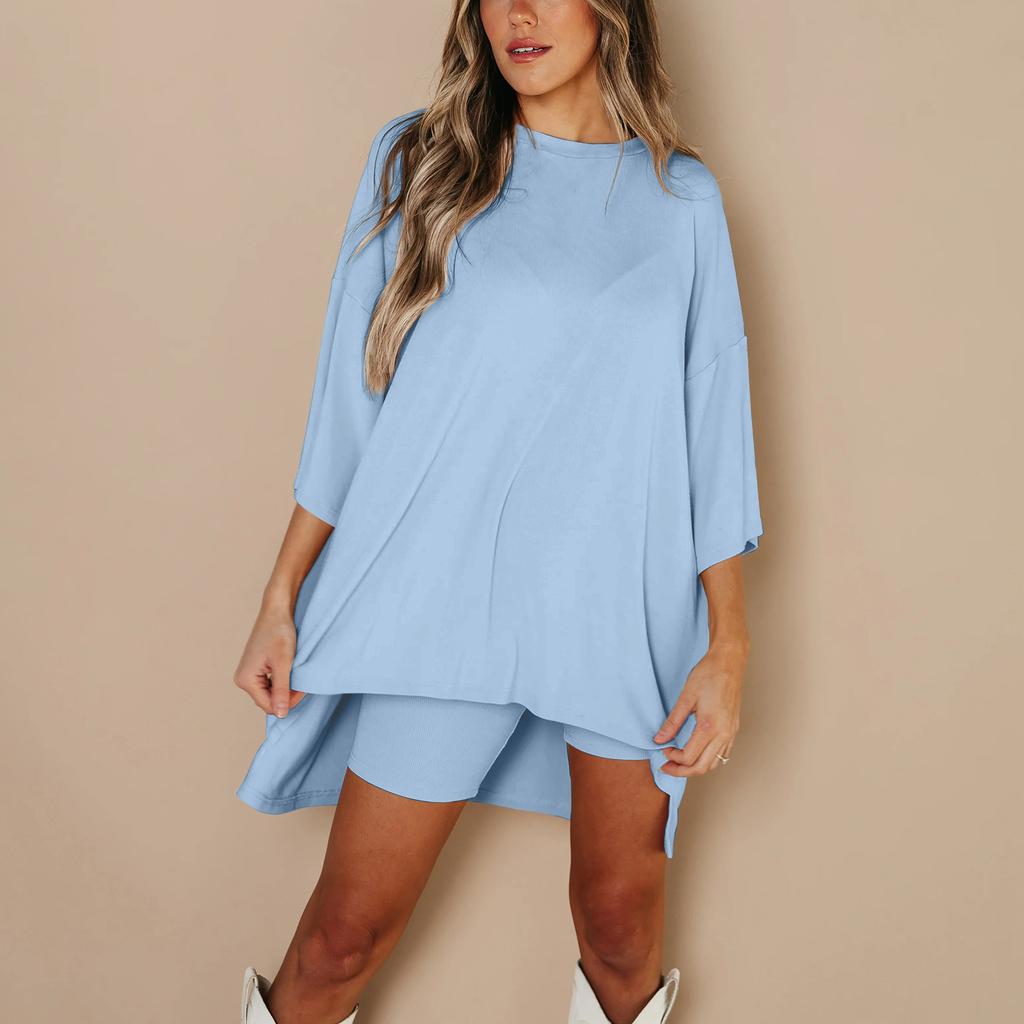 Женский летний комплект из 2 предметов с круглым вырезом и короткими рукавами, с заниженными плечами, топ для больших детей и узкие байкерские шорты для йоги, комплект