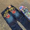 Мужские джинсы Ed Hardy с высокой посадкой, уличного стиля, с вышитой графикой и ретро хип-хоп дизайном