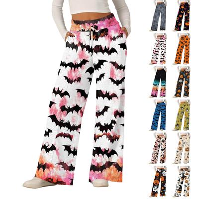 Женские модные свободные повседневные брюки с принтом на Хэллоуин с широкими штанинами