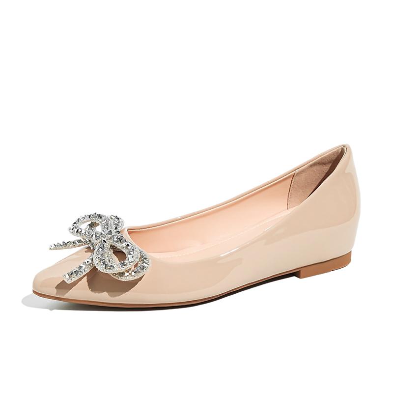 Fashion Ladies Japanned Leather Bowtie Flat Shoes Crystal Beading Bowknot OL Dress Shoes Woman 5cm Height Increasing Ballet Flats 2025