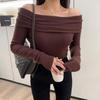 Spring Autumn Women's  Long-sleeved T-shirt Sexy Boat Neck Off Shoulder Bottoming Shirt Slim Stretch T-shirt