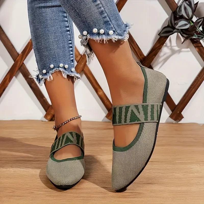 Лето 2024 Новые слипоны однотонные модные мюли женские вязаные удобные на плоской подошве с острым носком женская обувь Zapatos De Mujer