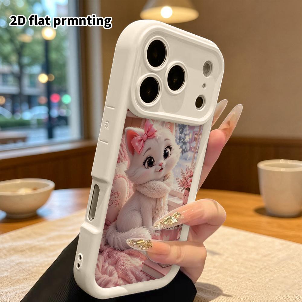 Phone Case: 2D flat design suitable for iPhone 18, 17, 16, 15, 14, 13 Pro stepped protective case, little white cat by the winter window, Christmas an