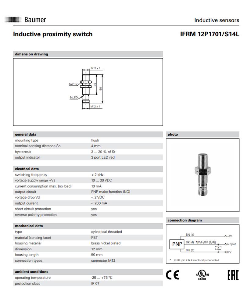 Baumer IFRM 12P1701/S14L 10214930 Индуктивный датчик приближения В наличии