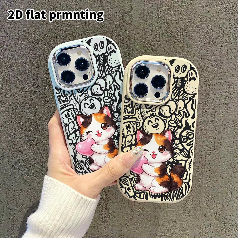 Чехол для телефона: 2D плоский дизайн, подходящий для защитного чехла iPhone 18 17 16 15 14 13 Pro, стиль для пары, кот с тремя цветами, подарок на Рождество и Хэллоуин
