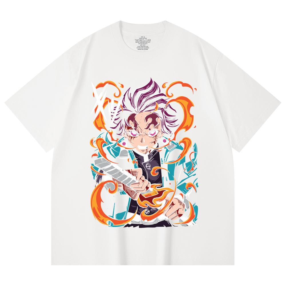 230 Gsm 100% Cotton Demon Slayer V64 Tanjiro Fire Breathing Print Unisex Heavy Cotton T Shirt