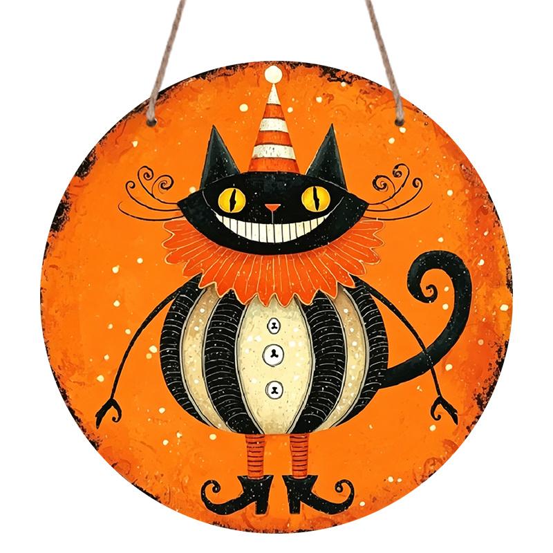 2D Flat 1pc/2pcs, Decorative Plaques and Ornaments Sign, Round Aluminum Vintage Halloween Clown Black Cat Hanging Sign, Retro Orange Swirl Wall