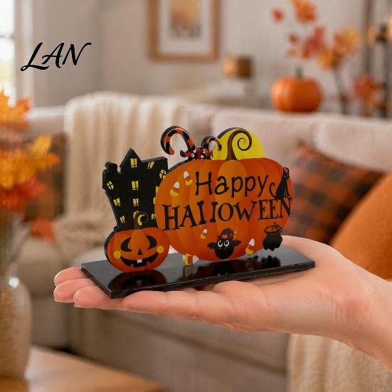 Halloween Wooden Ornaments Tabletop Ornaments, Freestanding Solid Wood Letter Signs, Decorative Table Centerpiece Desktop Accessories with Pumpkin And
