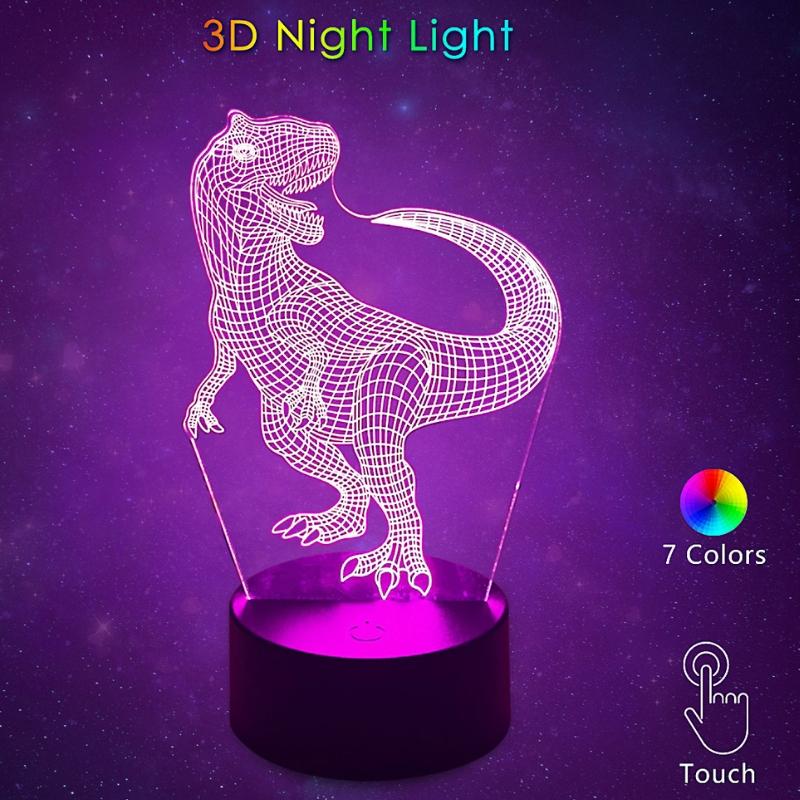 Ночная 3D-лампа USB LED Сенсорная 7 Цветов Меняющаяся Прикроватная Лампа Домашний Декор Детская Комната Спальня Свет День Рождения Игрушка Подарок Динозавр