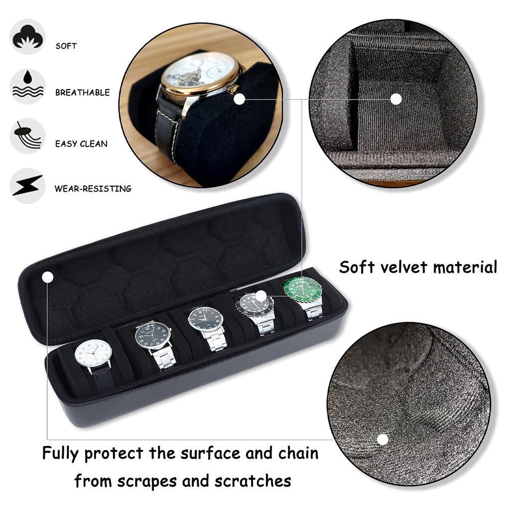 Watch Roll Travel Cases, Watch Travel Case,5 Slot Watch Roll Travel Case Organizer Display, Travel Watch Cases For Men and Women
