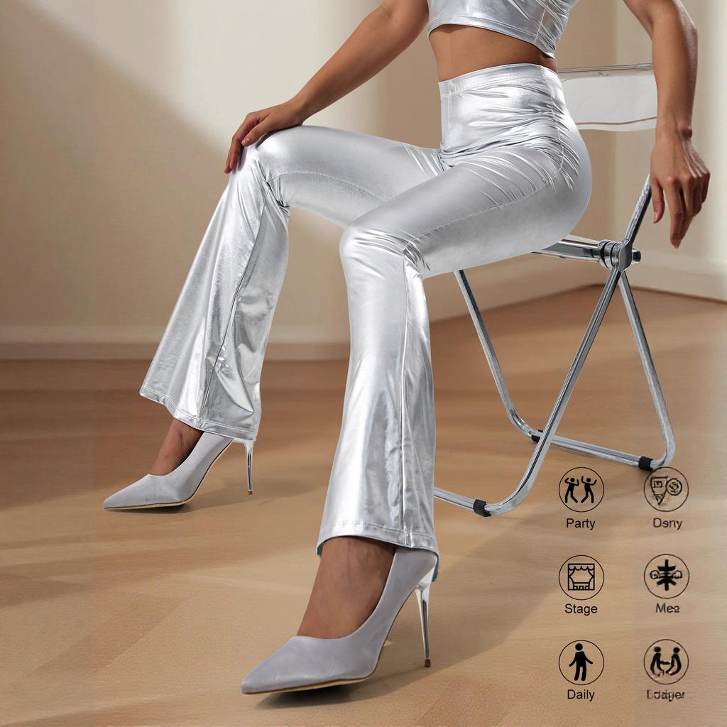 Женские укороченные брюки с золотым тиснением, трендовые повседневные серебристые расклешенные длинные брюки