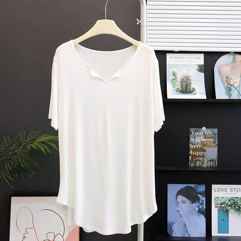 Modal short-sleeved T-shirt women's medium and long butt-covering V-neck arc hem loose sports blouse top