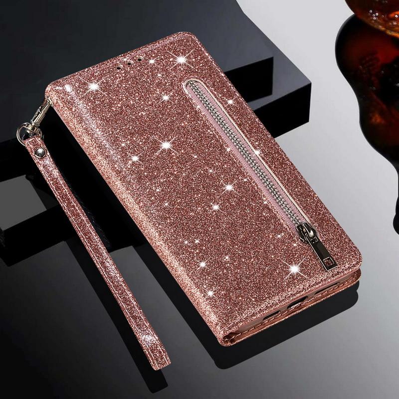 Для Samsung Galaxy S25 S26 S24 S23 Ultra S21 FE S20 FE A16 A17 A36 A34 A35 A37 5G A52 A53 A54 A55 A56 A57 Кошелек на молнии с блестками Кожаный чехол