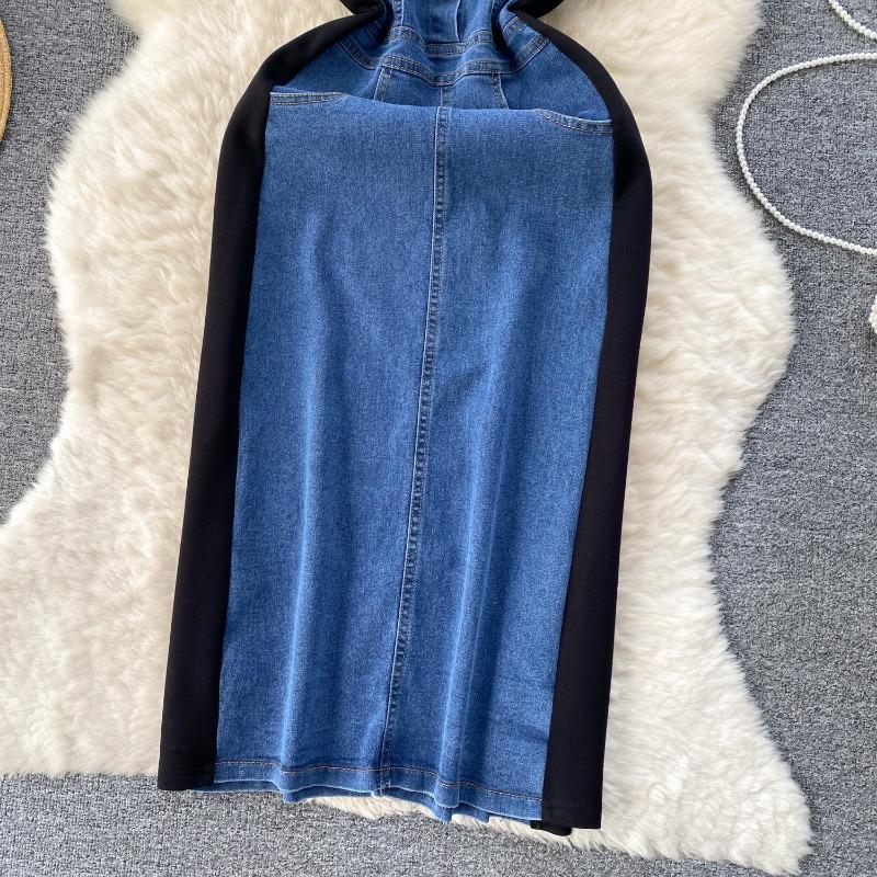 Темпераментные женские тонкие винтажные джинсовые платья средней длины с сочетанием цветов