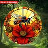 2D Flat 20*20cm 1pc Yellow Bee Red Vibrant Flower Pattern Unique Round Window Hanging Ornament, Retro Art Pendant For Home Garden And Outdoor Decor
