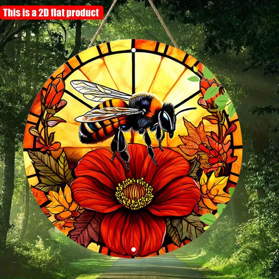 2D плоский 20*20 см 1 шт желтый пчела красный яркий цветочный узор уникальный круглый подвесной орнамент окна, ретро-художественный кулон для домашнего сада и наружного декора