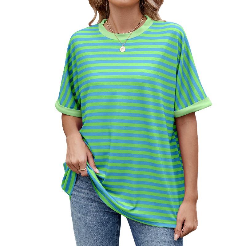 Женская летняя новая полосатая футболка с круглым вырезом и коротким рукавом в стиле Clash Color