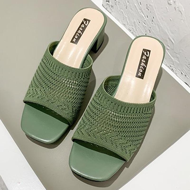 Medium Heel Cool Slippers Women's Summer New Korean Version of Fly-woven Outer Wear One-word Fashion Women's Cool Slippers