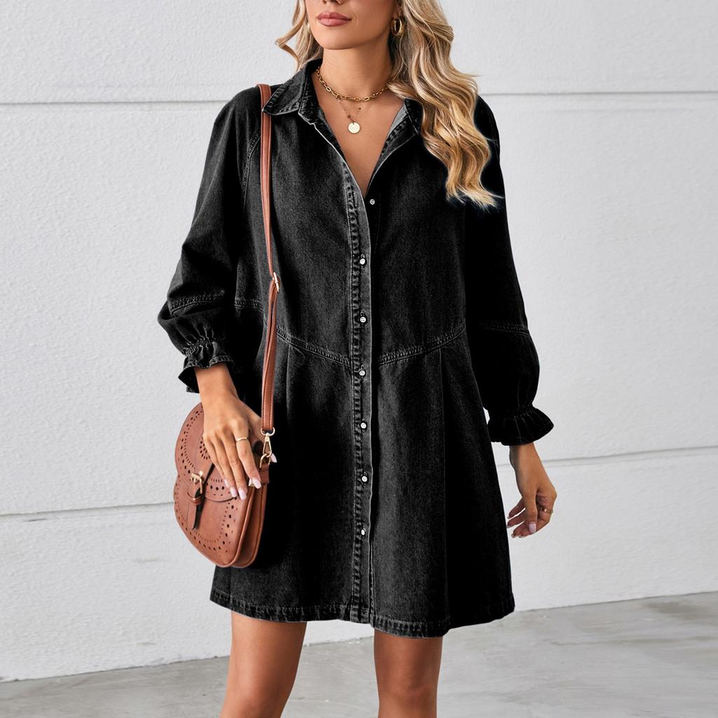 Women's Loose Washed Long Sleeved Patchwork Denim Dress, Medium Length Skirt For Women