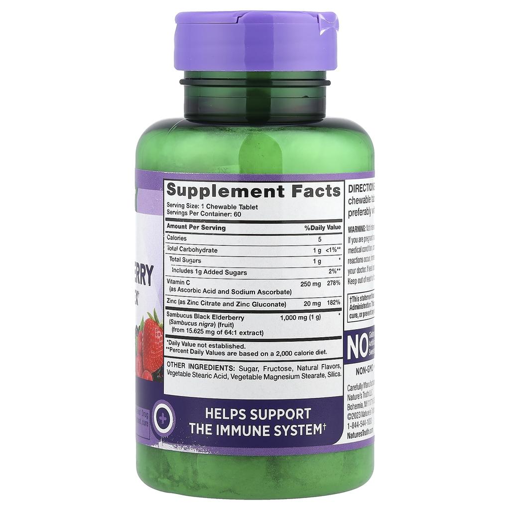 Nature's Truth Sambucus Black Elderberry Immune Complex Plus Vitamin C and Zinc, Natural Mixed Berry Flavor, 60 Chewable Tablets