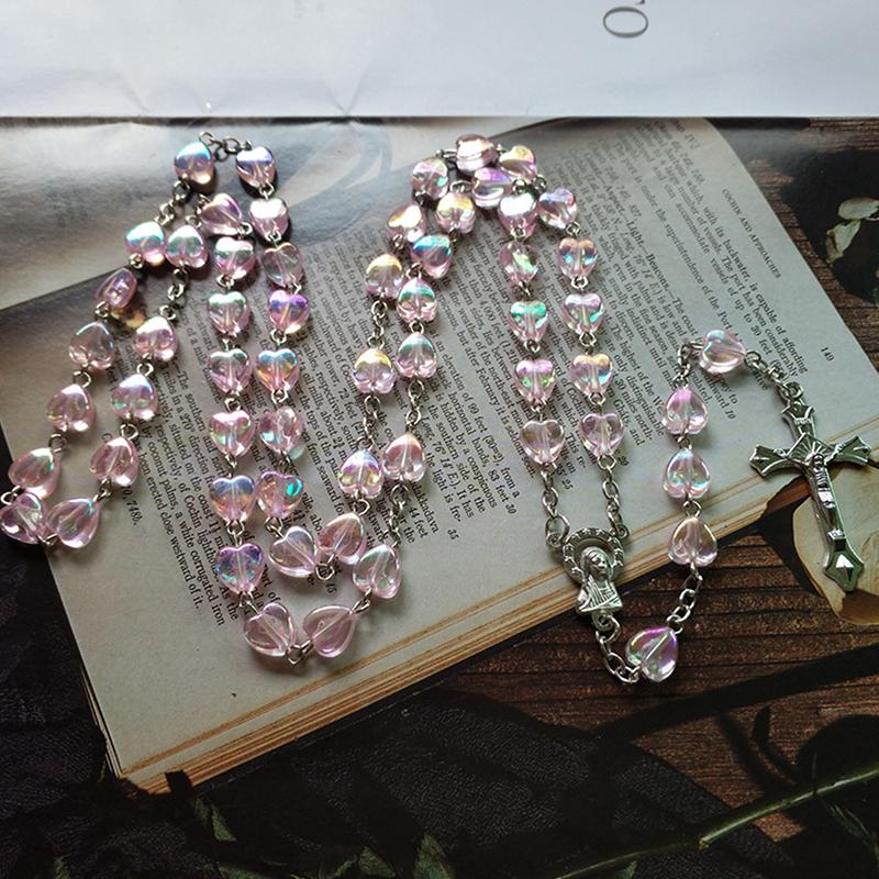 Розовое ожерелье с четками в форме сердца и любви, подвеска в виде креста Девы Марии Христа Иисуса для женщин и мужчин, католические украшения в подарок