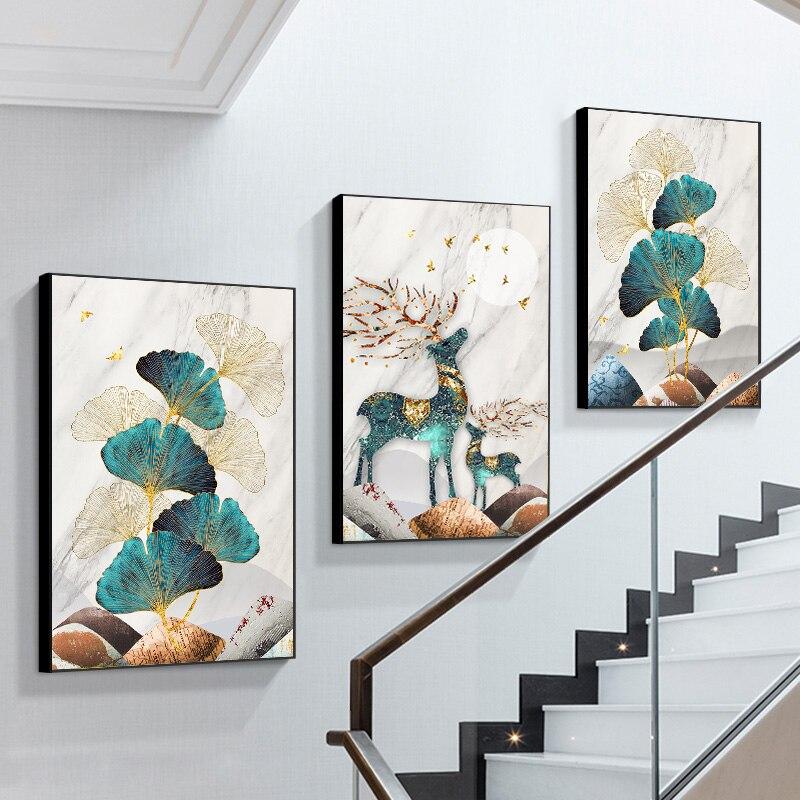 Современный роскошный лист гинкго, холст, картина, постер, золотые растения, лось, художественные принты, рождественское украшение, картина, эстетичный декор для комнаты, стены