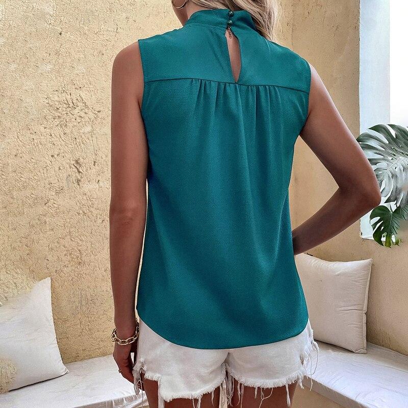 Summer 2022 Fashion Women Clothing Elegant Office Lady Sleeveless Blouse Solid Color Blue Tops Bow Shirt Blusa Mujer 24289