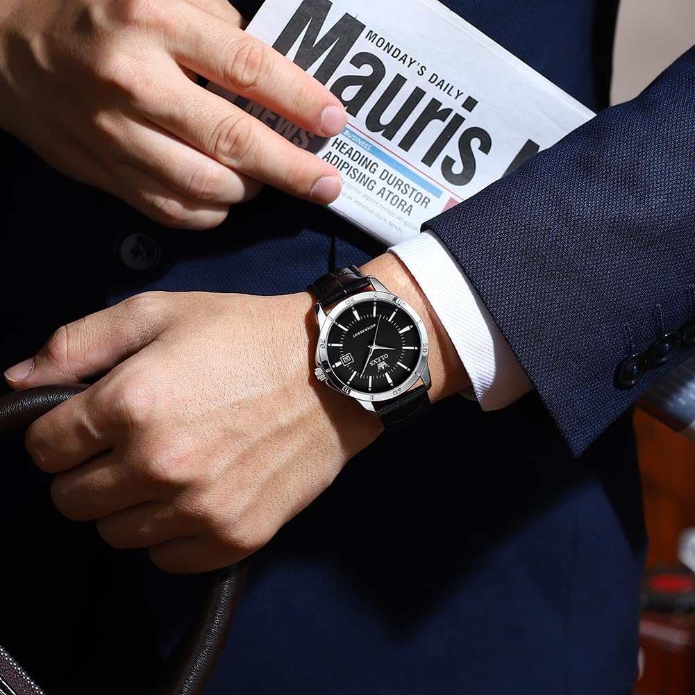 OLEVS Кварцевые популярные часы Простые стильные кожаные часы с водонепроницаемым календарем Роскошные классические часы с легким считыванием Модные студенческие часы для компании Черные мужские часы