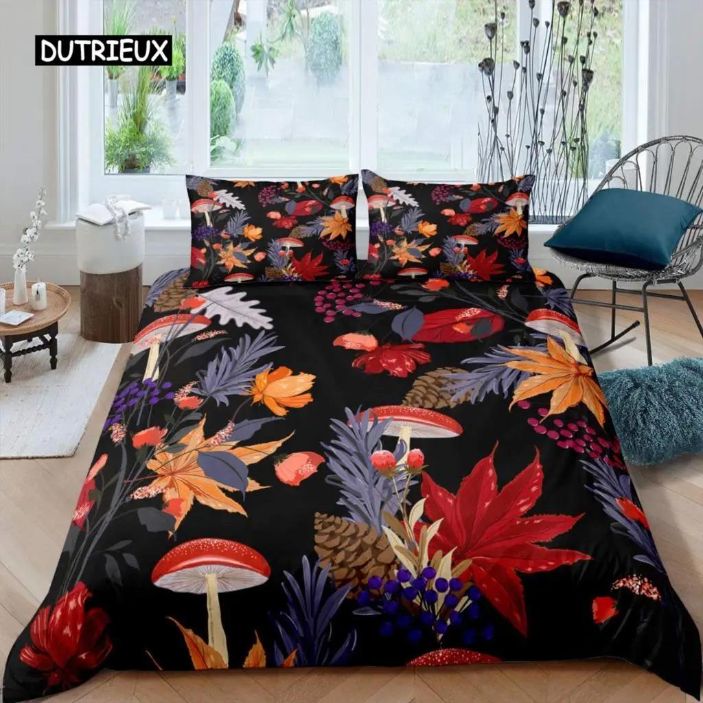 Maple Leaves Duvet Cover Set Colorful Autumn Season Maple Leaves In Unusual Designs Nature Print King Size 23pcs Bedding Set
