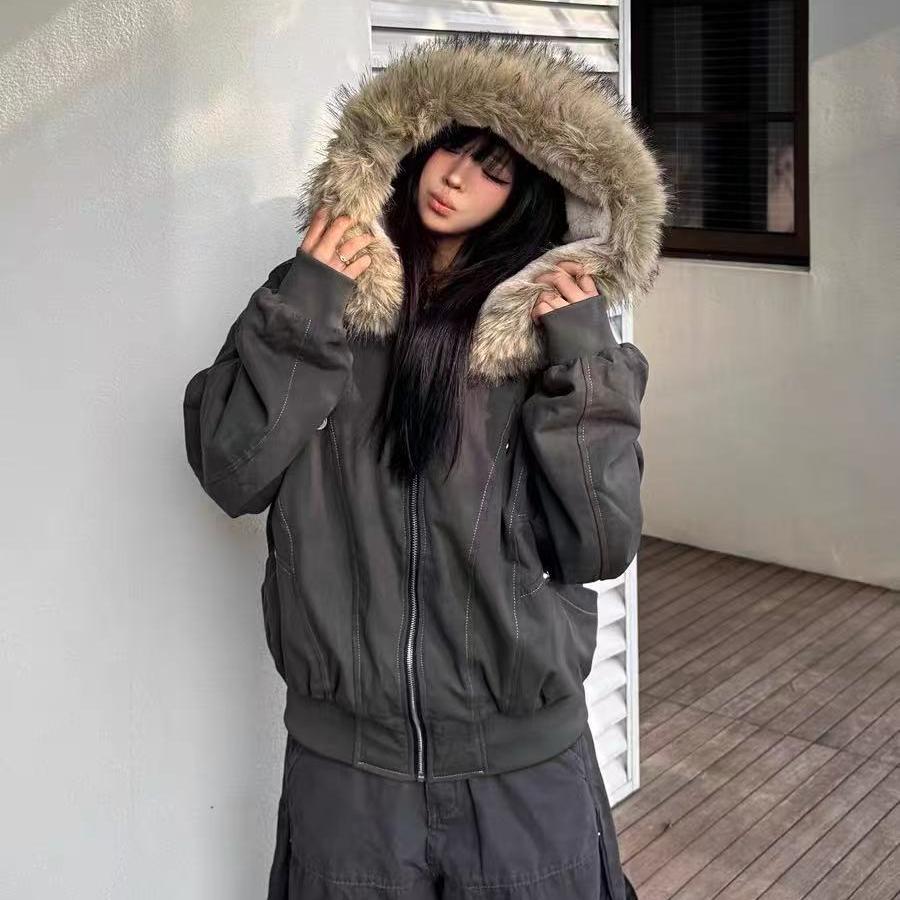 American retro fur collar pie overcomes cotton clothes women's short models, new winter padded jackets, Guochao seat mountain carving outside