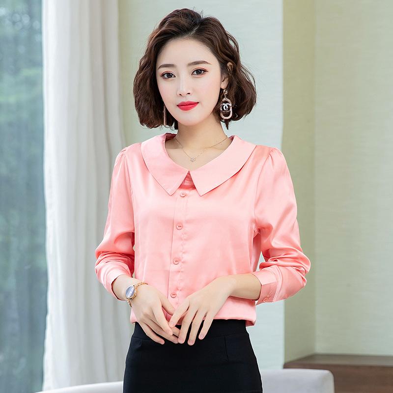 Новая осенняя рубашка с длинными рукавами из сатина с кукольным воротником для женщин, красная универсальная модная рубашка
