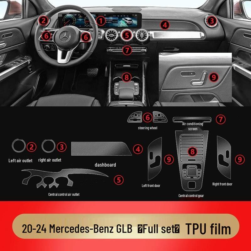 Совместимые внутренние пленки для 25 моделей Mercedes-Benz GLA/GLB: Наклейки на экран навигации, рычаг переключения передач и кондиционер из HD ТПУ.