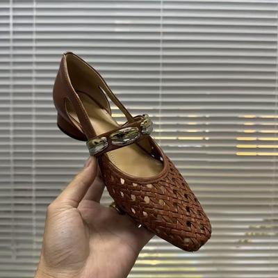 Лето 2025 Новые Женские Коровьи Плетеные Микрофибра Пэчворк Мэри Джейн Круглый Низкий Каблук Милые Тканые Одинарные Туфли Сандалии