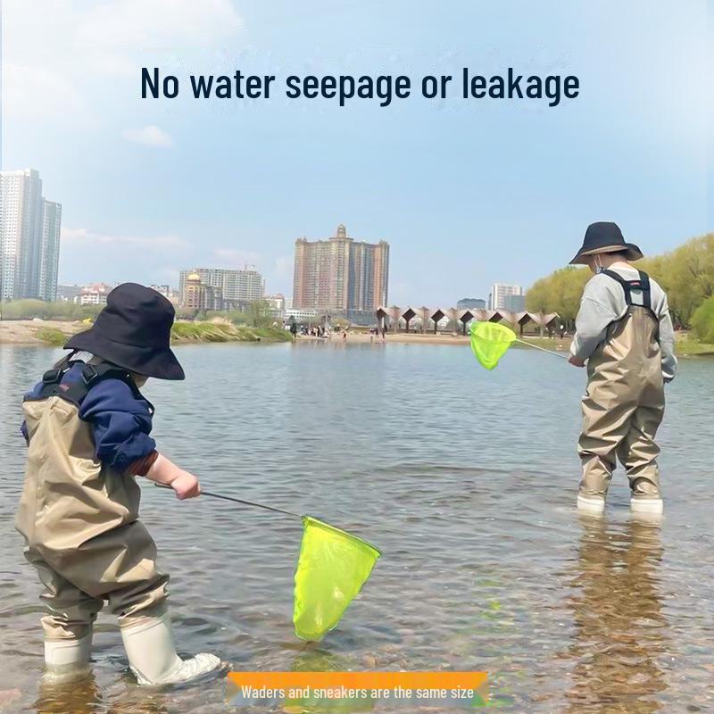 "High-End Waterproof Kids' Wading Pants with Attached Rain Boots for Fishing and Water Play"