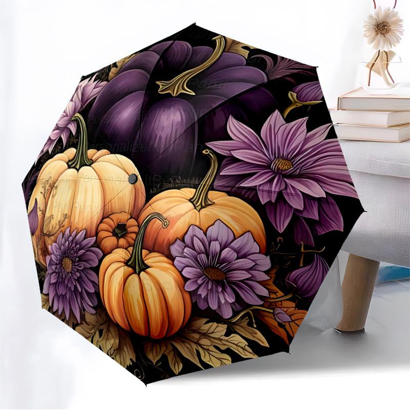 1PC Pumpkin, Autumn Flowers Automatic 8-Bone Folding Umbrella - Durable Polyester & Iron Frame,Userfriendly Operation y250929111