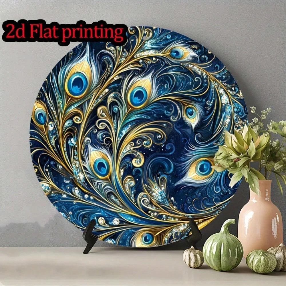 Синее перо павлина Металлическое настенное искусство Винтажный декор для дома и сада Рождественский подарок