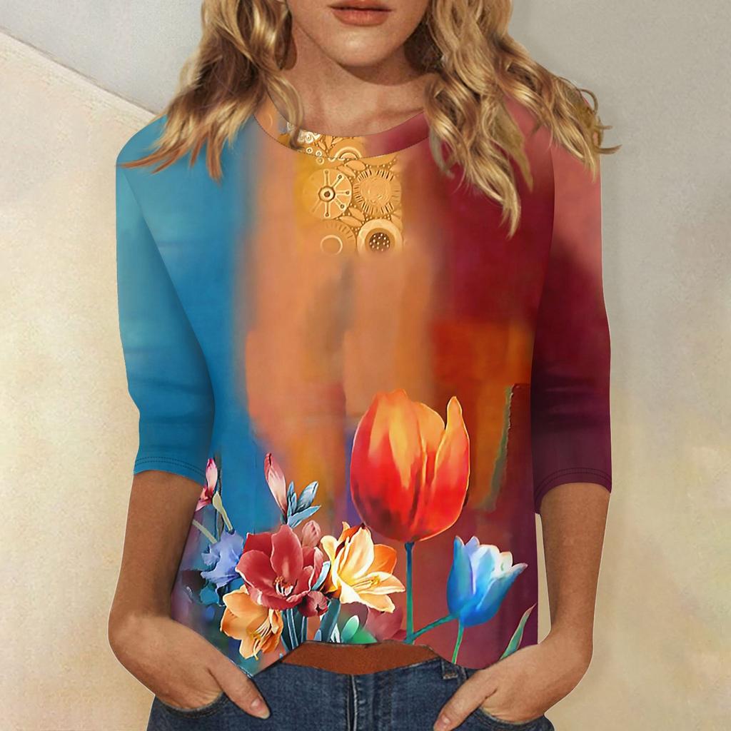 Рубашки с рукавом 3/4 для женщин, футболки с графическим принтом, блузки, повседневные базовые топы, пуловеры