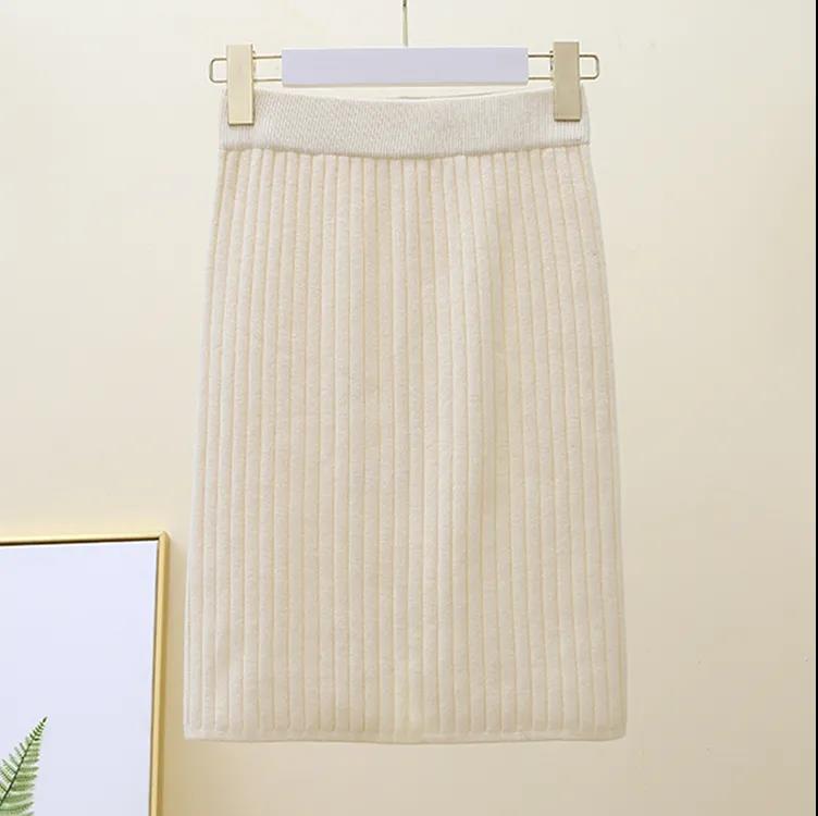 Women Knitted Pencil Skirts Autumn Winter Stretch High Waist Knee Length Slim Office Lady Bodycon