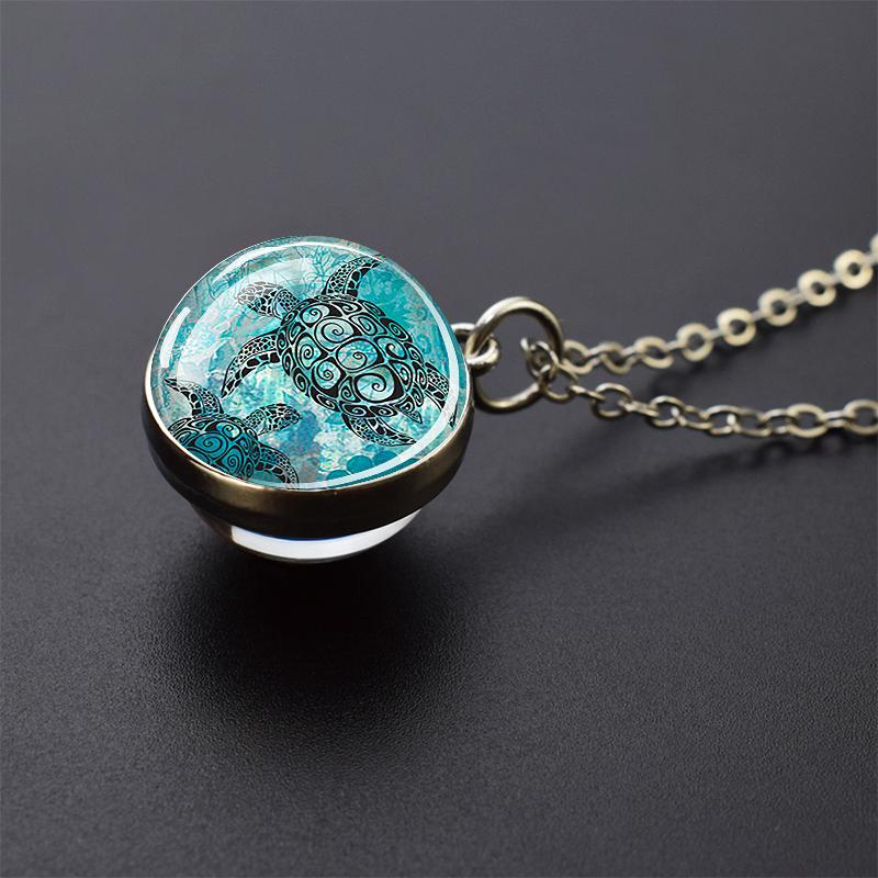 Ювелирные ожерелья с синим морем и морской жизнью, черепаха, дельфин, ракушки, двухсторонний хрустальный стеклянный шар, кулон, ожерелье для женщин и мужчин, подарок