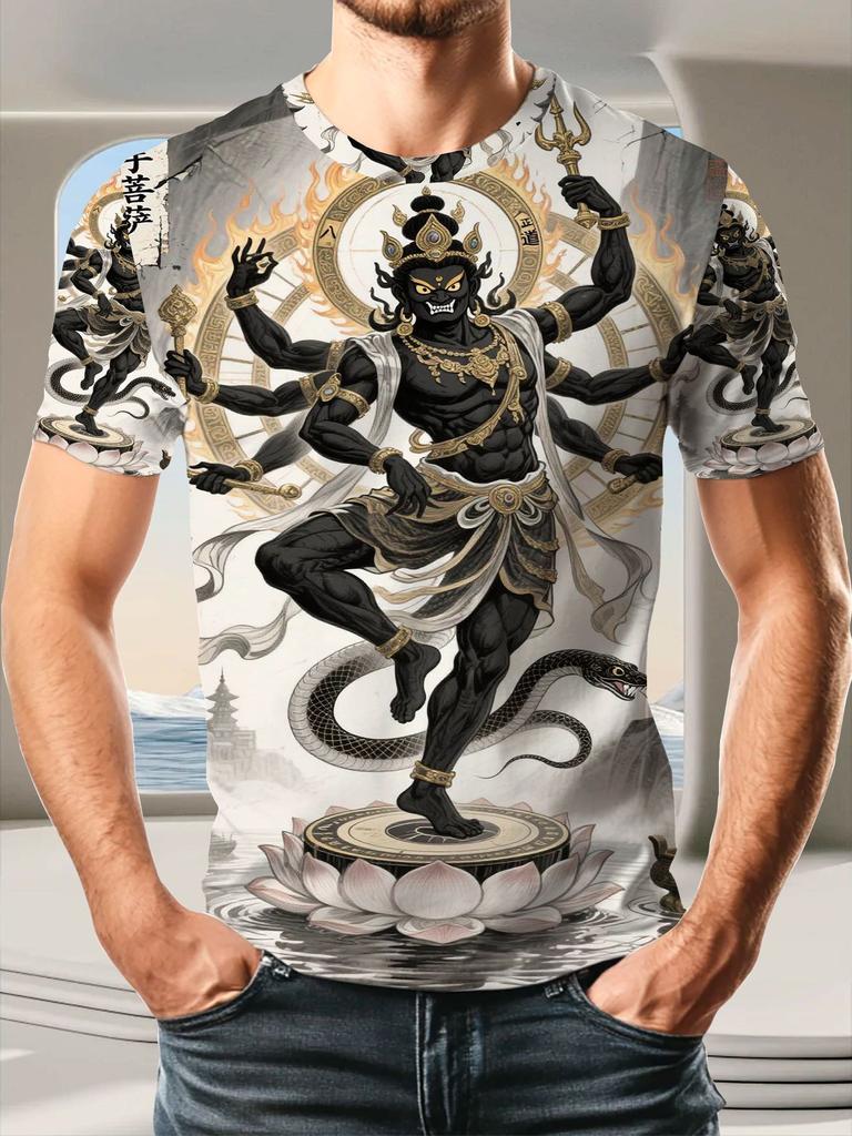 Men'S Polyester Short Sleeve T-Shirt with Vajrapani Bodhisattva Print, Mythical Deity Graphic Tee, Retro Oriental Style Top, Breathable Casual Shirt