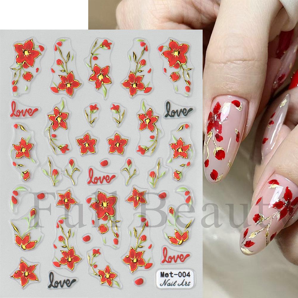 Nail Art Stickers Ins Hot Stamping Red Begonia Flower Cherry Blossom Daisy 3D Adhesive Nail Stickers