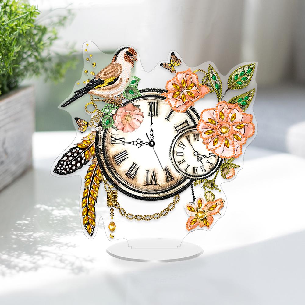 Acrylic Special Shape Flower Bird DIY Crystal Diamond Clock Diamond Painting Clock Handicraft Diamond Painting Clock for Desktop