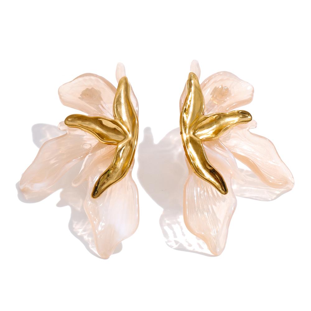 JINYOU 5976 Vintage Aesthetic Amber Resin Petal Gold Plated Stainless Steel Floral Statement Earrings