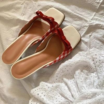 Дизайнерская обувь Ретро Клетчатые Босоножки с Бантом Каблуки-рюмочки Французский стиль Туфли с открытым носком Смешанный цвет Сладкие и Милые Женская обувь для отдыха