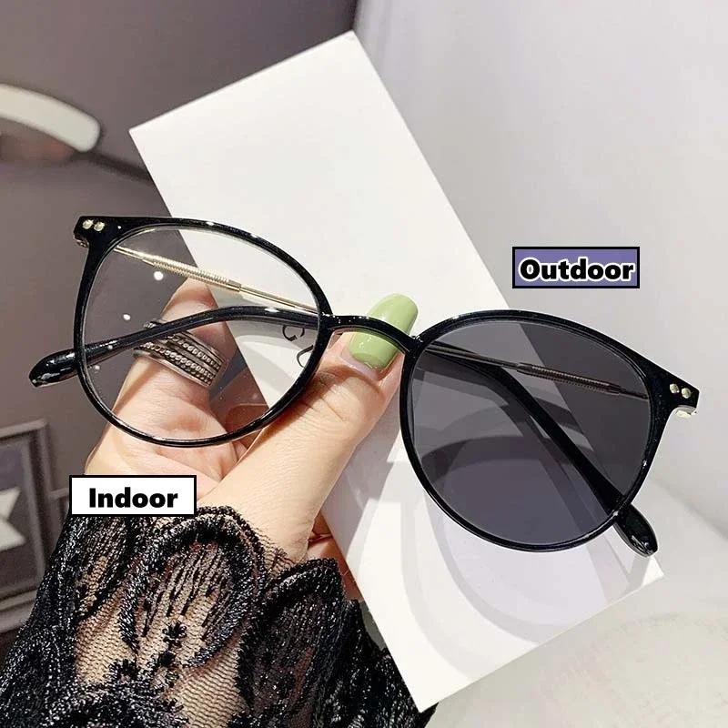 Women'S Fashion Photochromic Myopia Glasses Unisex Ultralight Anti-Uv Near Sight Eyeglasses Men Ladies Vintage Round Eyewear