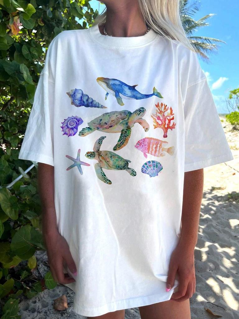 Marine Animals Whale and Turtle Printed Women's Casual Crew Neck Short Sleeve White T-shirt Summer Women T-Shirt