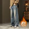 Winter Fleece Warm Jeans Men Loose Wide Leg Pants Elastic Waist Velvet Flocking Outdoors Trousers